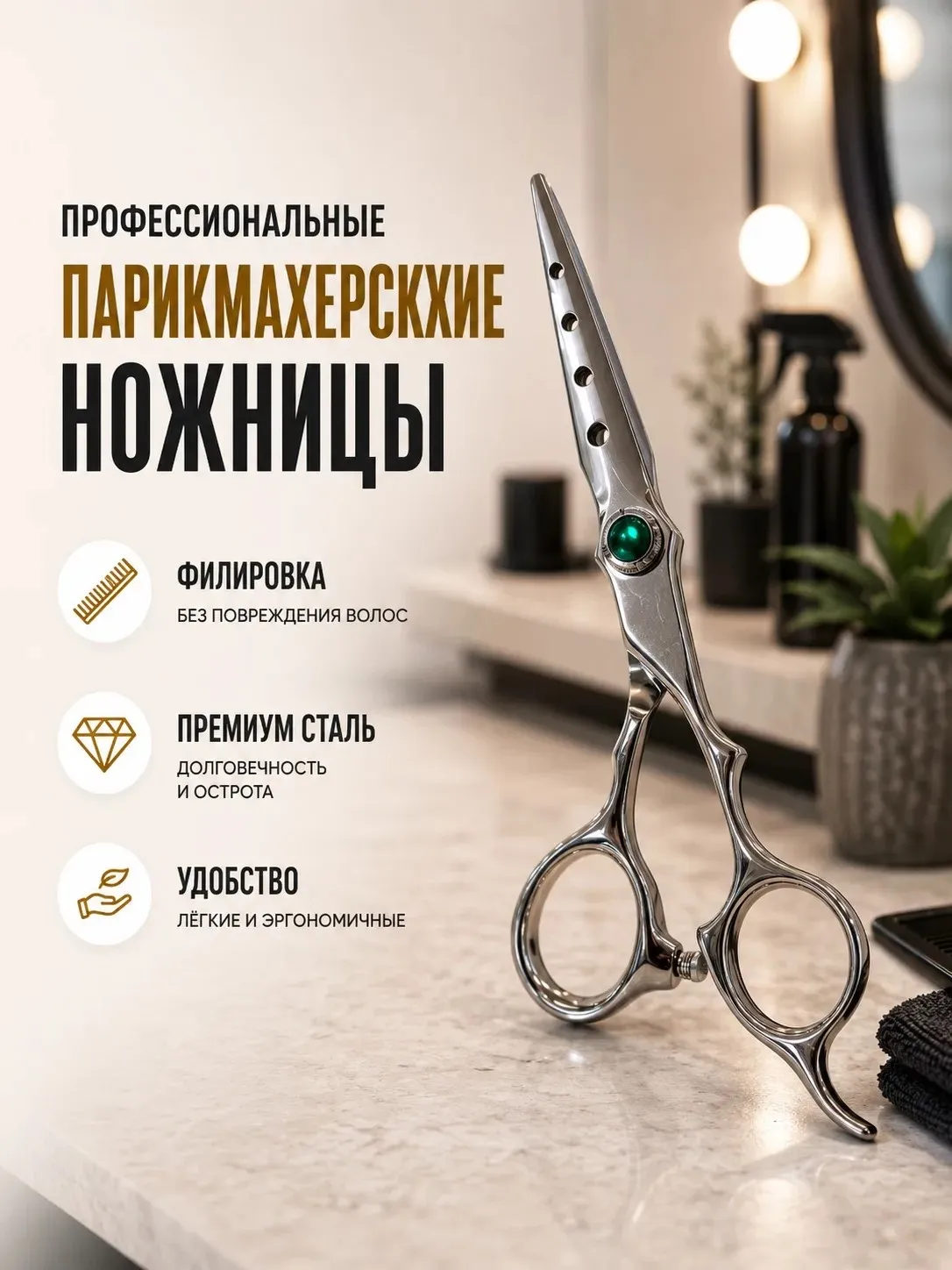 Ножницы парикмахерские прямые для стрижки волос профессиональные S3 green rock